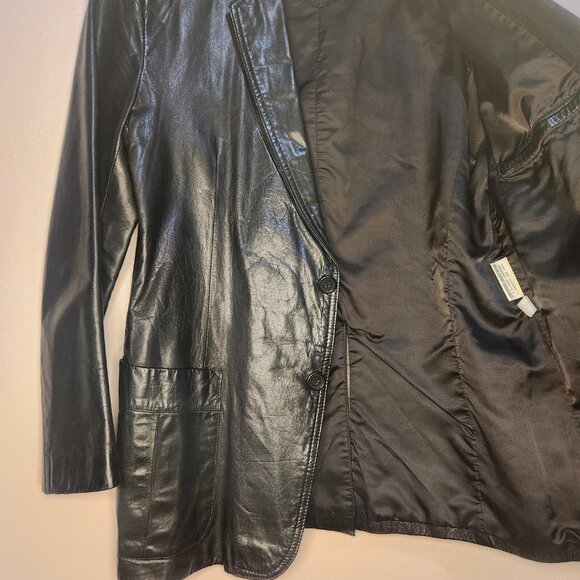 Y2K Vintage Bermans Black Mens Genuine Leather Blazer 2 Pocket 2 Button Size 42 - Picture 11 of 16